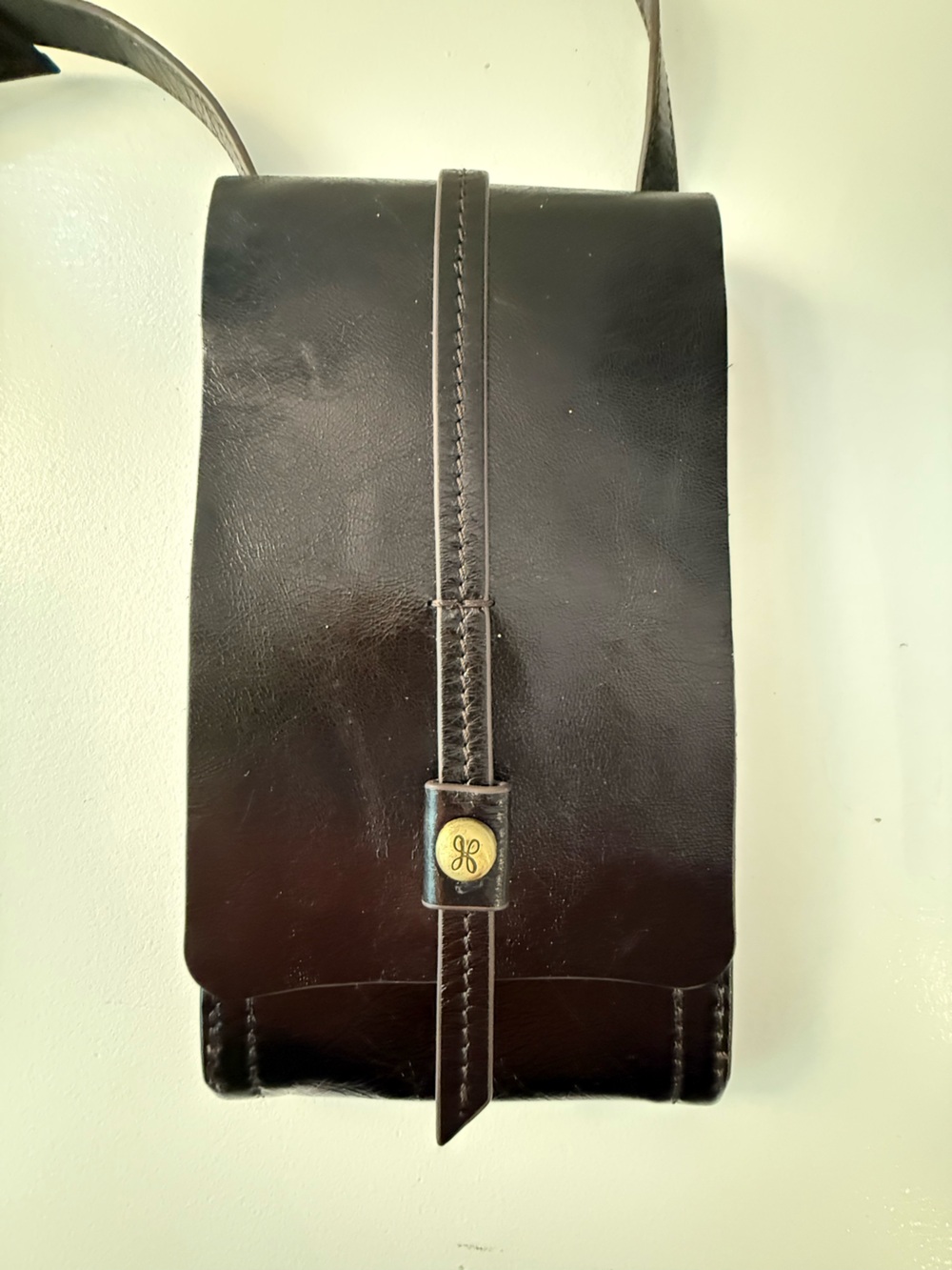 HOBO Dark Brown Leather Crossbody for phone and cards with Brass Logo Accent